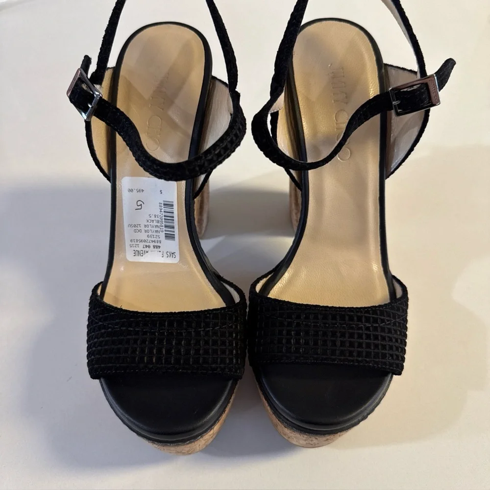 Jimmy Choo Naylor 135 Platform Sandals Black Suede Cork Block Size 38.5…